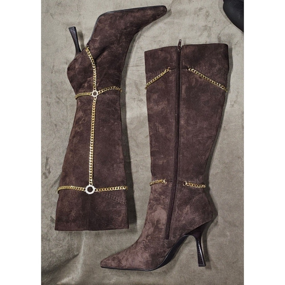 Vintage 2006 Brown Suede Knee High Boots Gold Chain Rhinestone 882539 Size 11M